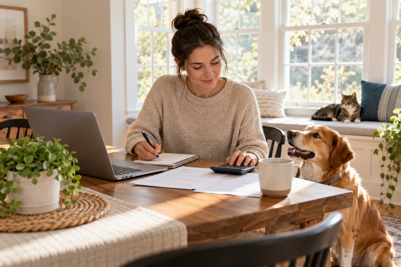 Owner working on a laptop at a table while a dog sits beside her
